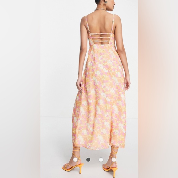 ASOS DESIGN cami pleated midi dress with if split in coral floral print - Picture 3 of 11